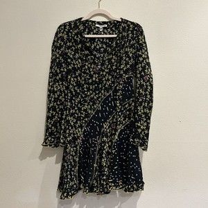 Derek Lam 10 Crosby Catia Mixed Print Mini‎ Dress 4 Flared Long Sleeve V-Neck